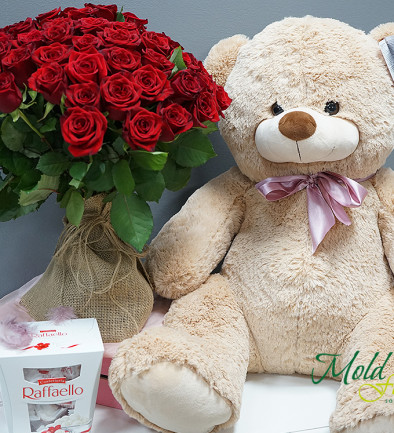 Set of 51 red roses 60 cm, 80 cm teddy bear, and 230g Raffaello photo 394x433